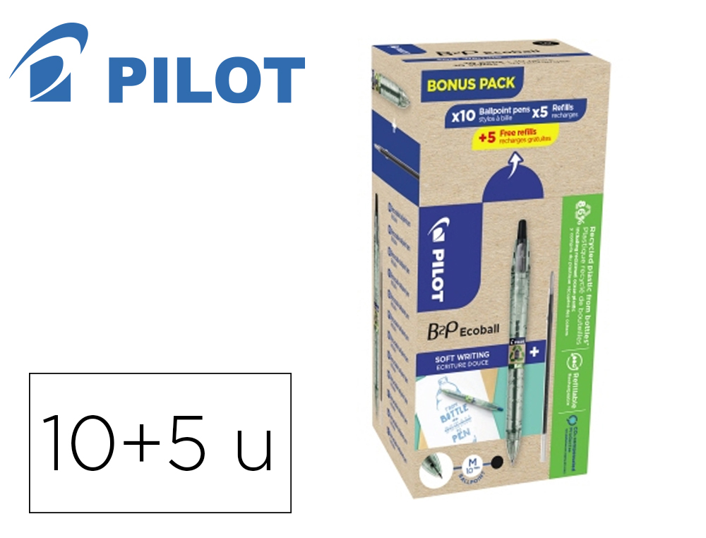 PACK PILOT BEGREEN B2P ECOBALL 10 STYLOS-BILLE POINTE MOYENNE + 10 RECHARGES NOIR