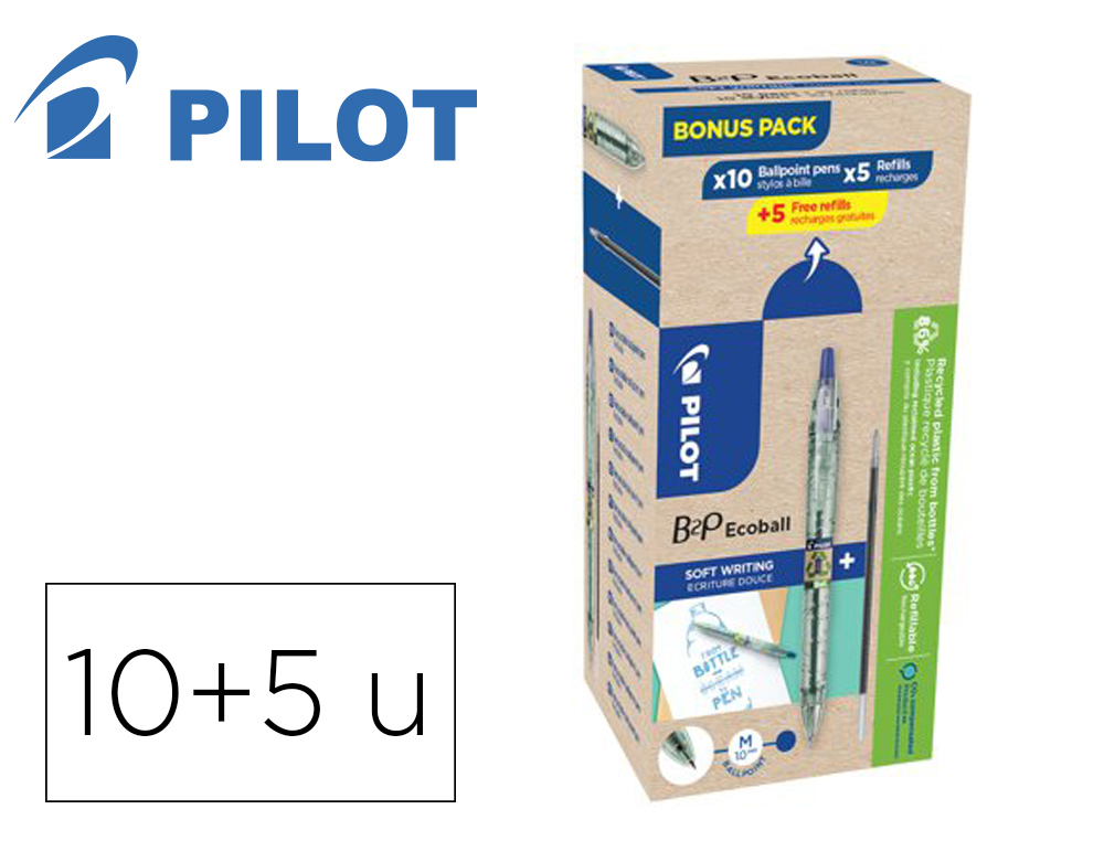 PACK PILOT BEGREEN B2P ECOBALL 10 STYLOS-BILLE POINTE MOYENNE + 10 RECHARGES BLEU