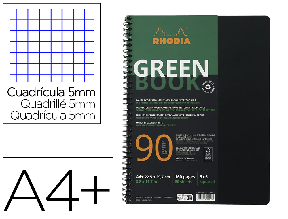 CAHIER RHODIACTIVE GREENBOOK RI 5X5 COUVERTURE PP A4+ 23,5X29,8CM 90G 160 PAGES MICROPERFOREES PERF. 6 TROUS NOIR