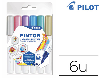 MARQUEUR PILOT PINTOR SET METAL MIX POINTE EXTRA FINE COLORIS ARGENT ROSE VIOLET BLEU VERT OR POCHETTE 6 UNITS