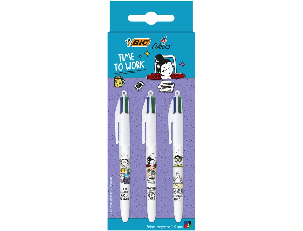 BILLE BIC 4COUL DECORS P/3 SET DE 3 STYLOS-BILLE 4 COULEURS